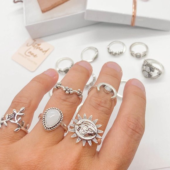 Boho Stacking Rings Set of 14 Vintage Bohemian Silver Ring Set - Picture 6 of 8